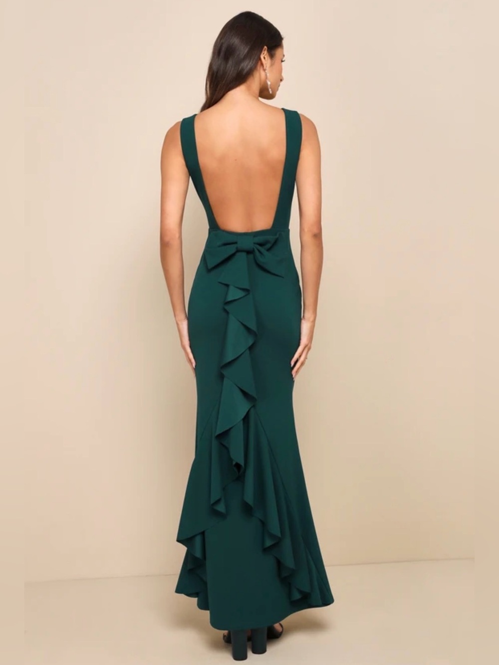 Lulus NWT Women XL Emerald Exquisite Refinement Backless Bow Ruffled Maxi Dress